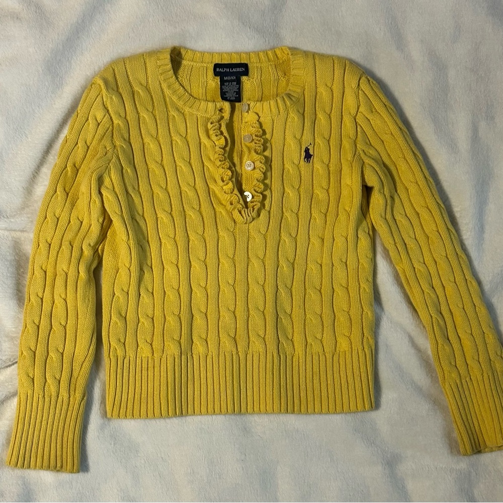Ralph Lauren Yellow Cable-Knit Ruffle Henley Sweater Top